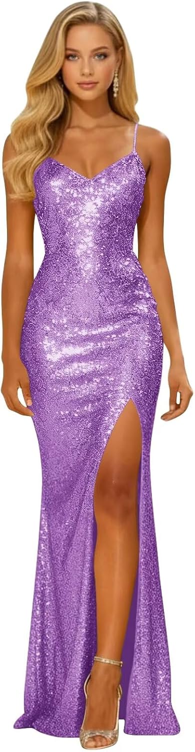 Long Sparkly Sequin V Neck Prom Dresses with Slit Mermaid Formal Evening Party Gown 2026