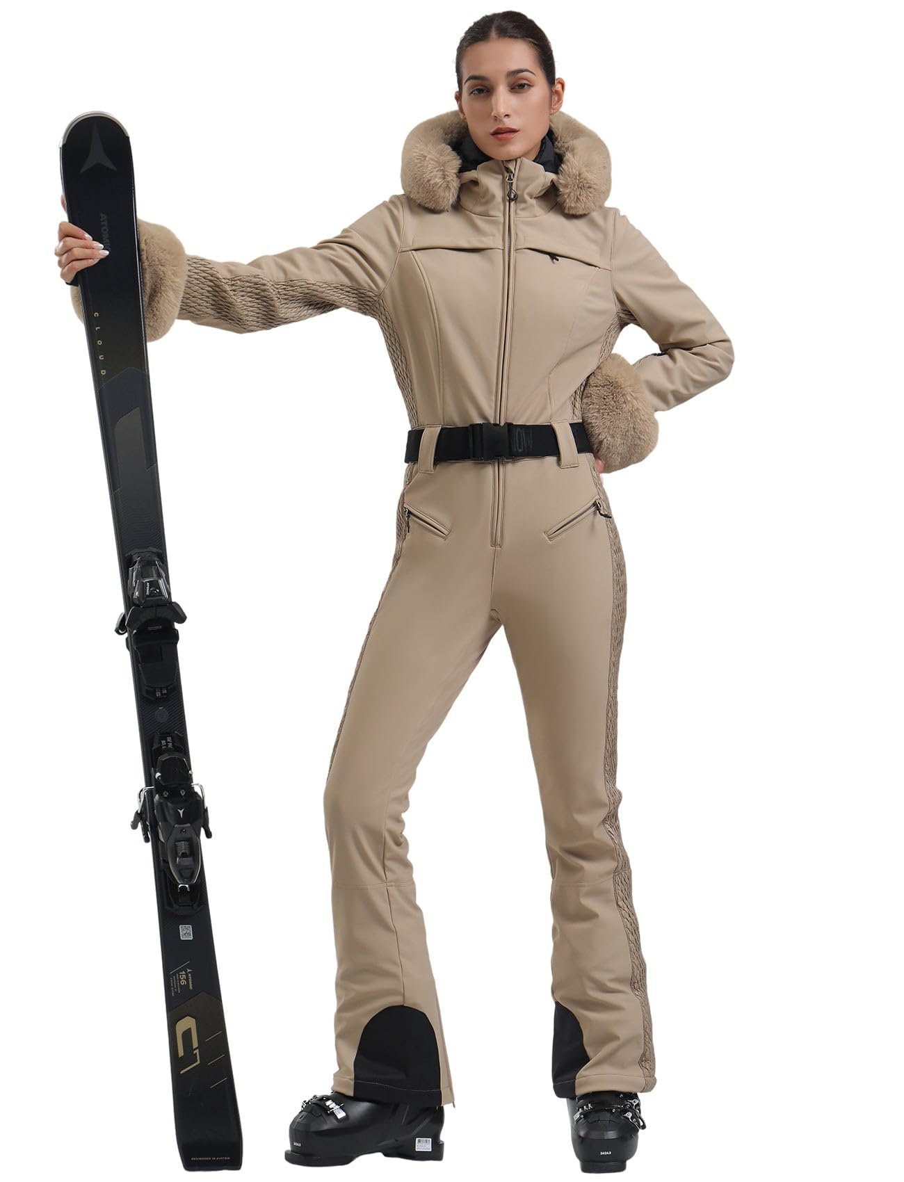 GSOU SNOW Ski Suit Womens One Piece Snowsuit Snowboard Jacket Slim Snow Jumpsuit Faux Fur Ski Outfit Waterproof Windproof