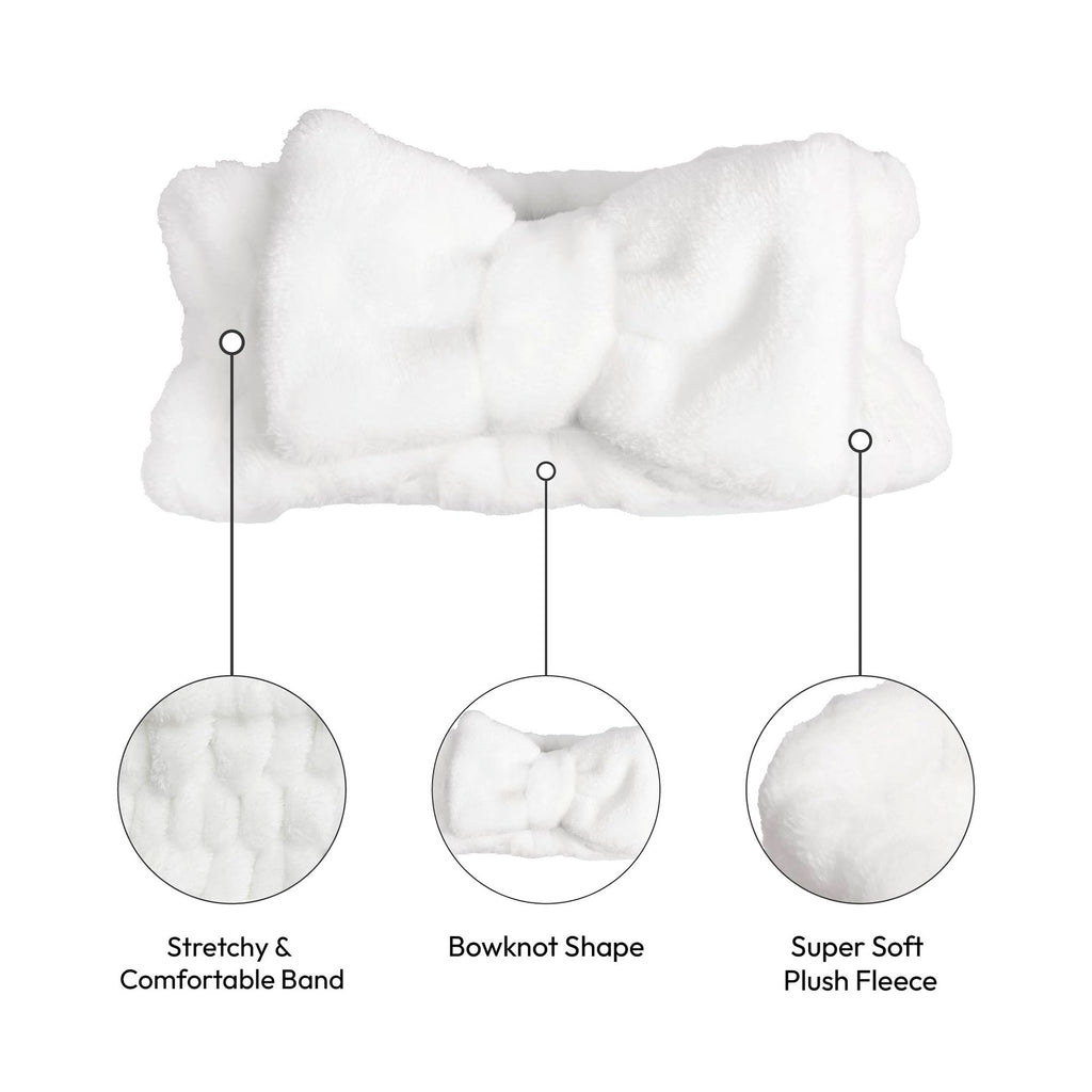 Red by Kiss Spa Headband for Washing Face Facial Makeup Bow Head Band Soft Plush Fleece Stretchy Head Wraps for Women Shower Bath Washing Face Mask (WHITE)