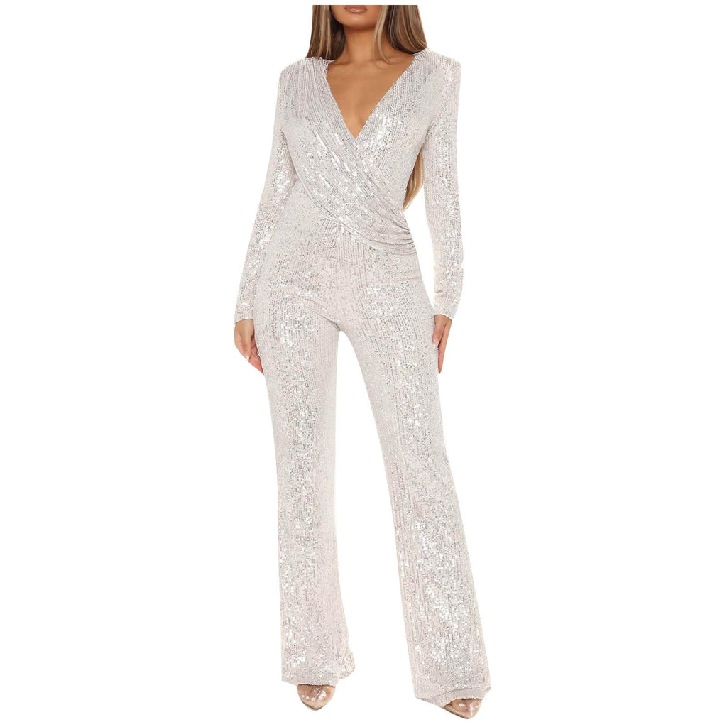 Womens 2024 Summer Sexy Deep V Neck Jumpsuits Long Sleeve One Piece Sequins Overalls Dressy Wide Leg Rompers