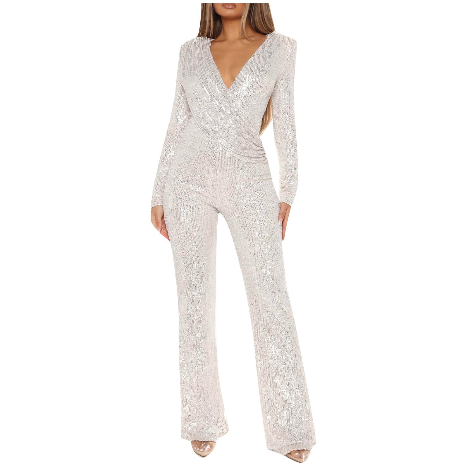 Womens 2024 Summer Sexy Deep V Neck Jumpsuits Long Sleeve One Piece Sequins Overalls Dressy Wide Leg Rompers