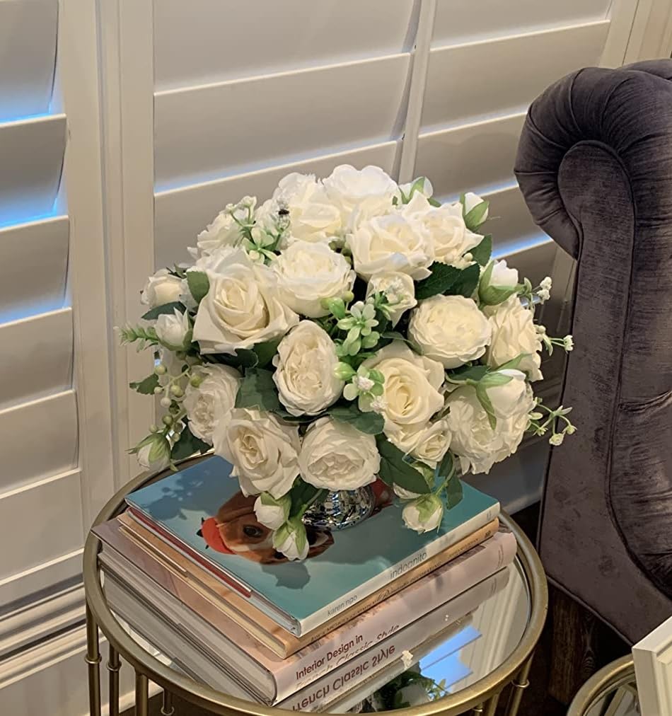4 Bundles Artificial Peonies Silk Flowers, White Faux Peony Bouquet Florals Arrangements Decor for Farmhouse Home Boho Wedding Table Centerpiece, Fake Plastic Flowers Bulk Vase Decoration (White)