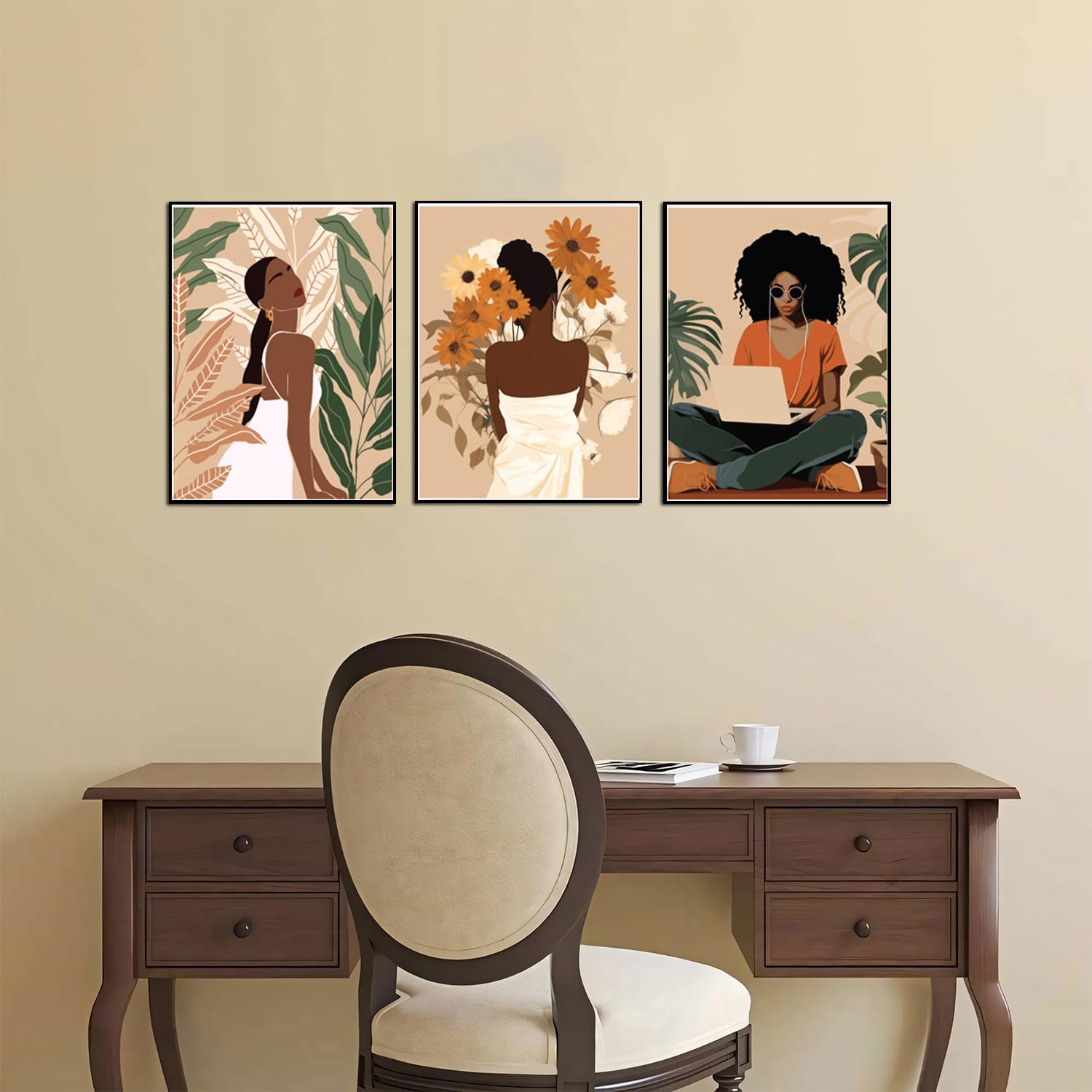Framed Black Girl Wall Art Set of 3, Black Woman with Floral Pictures Wall Decor Paintings, Fashion African American Female Canvas Prints Home Decor for Living Room Bedroom Office 16x24 inch