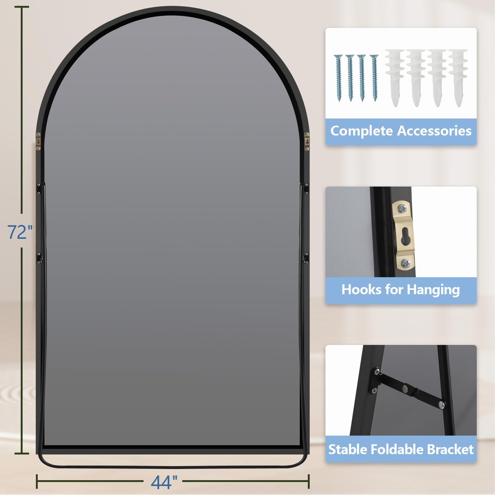 Oversized Floor Mirror Full Length with Stand, 72"X44" Extra Large Arch Standing Mirror Full Length, Tempered Glass Black Full Body Mirror for Bedroom Living Room, Aluminum Alloy Frame