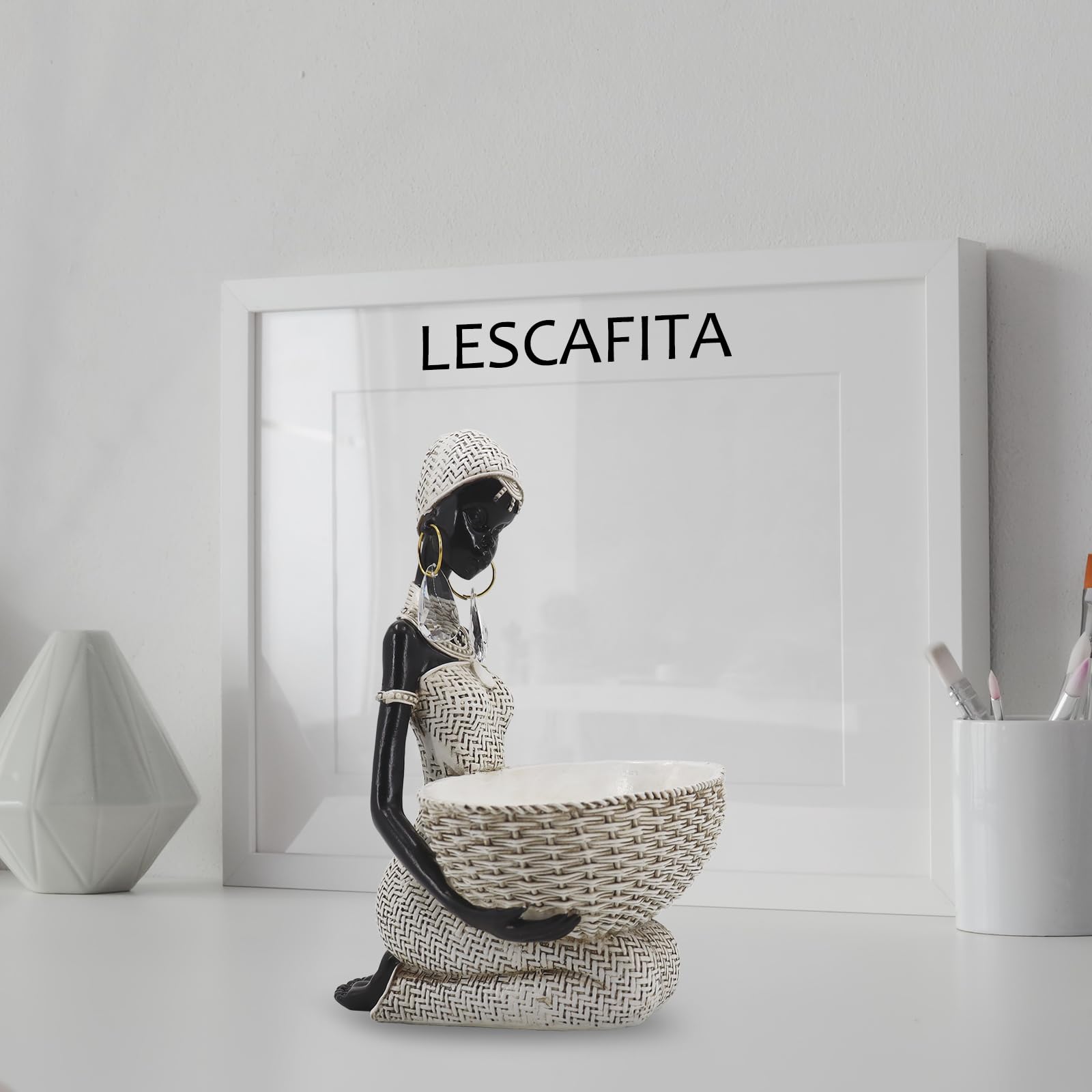 Handmade African Tribal Woman Sculpture - Gold Adorned Seated Figure with Basket, Vintage Resin Statue for Home Decor, Unique Housewarming Gift for Shelf/Table (9.65" H)