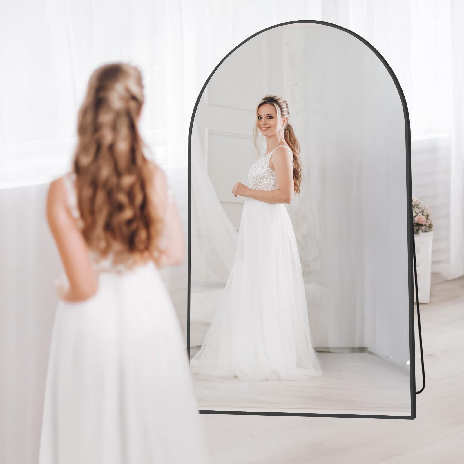 Oversized Floor Mirror Full Length with Stand, 72"X44" Extra Large Arch Standing Mirror Full Length, Tempered Glass Black Full Body Mirror for Bedroom Living Room, Aluminum Alloy Frame