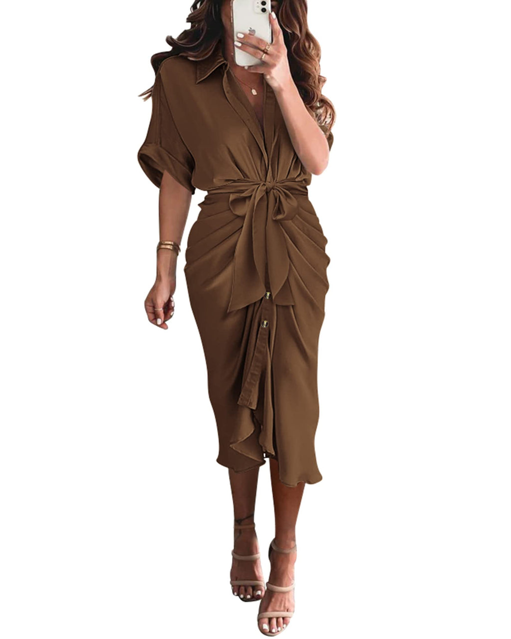 BTFBM Women Button Down Ruched Shirt Dresses Satin Short Sleeve Lapel V Neck Summer Maxi Dress 2025 Party Wedding Guest