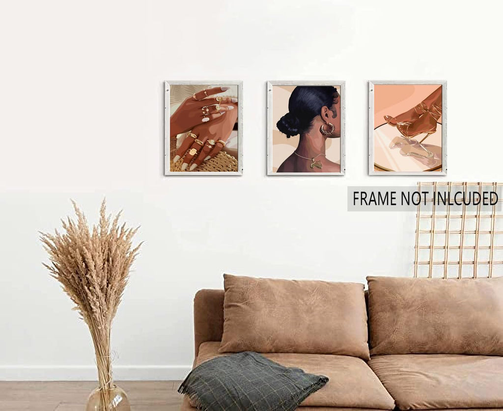 Framed Black Girl Wall Art Set of 3, Black Woman with Floral Pictures Wall Decor Paintings, Fashion African American Female Canvas Prints Home Decor for Living Room Bedroom Office 16x24 inch