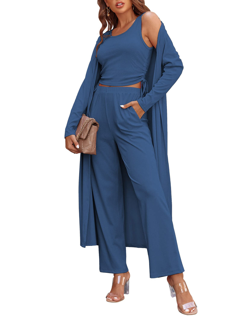 Ekouaer Women's 3 Piece Knit Lounge Set Pajama Long Sleeve Cardigan Sleeveless Top Pants Sweatsuit S-XXL