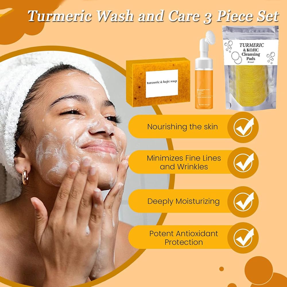 Turmeric Wash and Care 3 Piece Set, Turmeric Trio: Kojic Soap Bar/Facial Pads/Face Cleansing Wash with Brush, Jabon de Curcuma, Tumeric Soap Facial Cleaner Skincare Three Set for Face & Body (A)