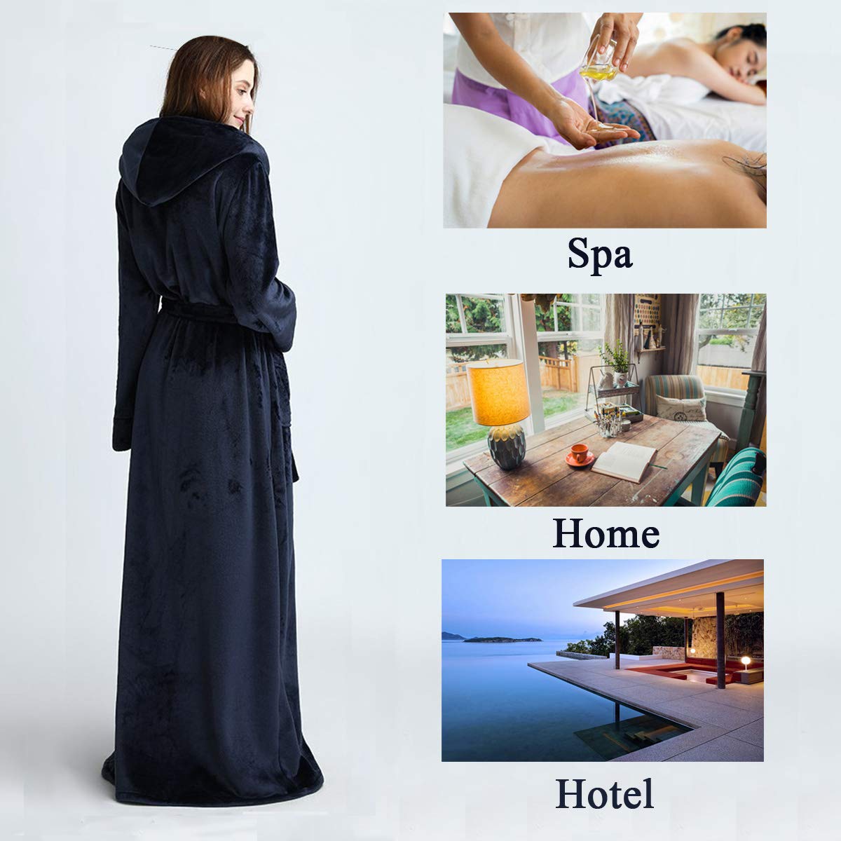 Hellomamma Long Hooded Robe for Women Luxurious Flannel Fleece Full Length Bathrobe Winter Warm Pajamas Shower Nightgown