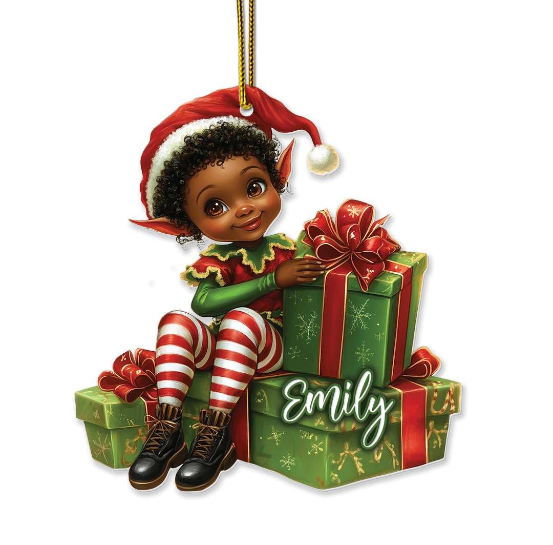 2D Acrylic Christmas Elf Shaped Ornament with Gift Box, Personalized Name Holiday Keepsake, Cute Ornament for Kids Room, Custom Name African-Inspired Decoration, Gifts for Boys