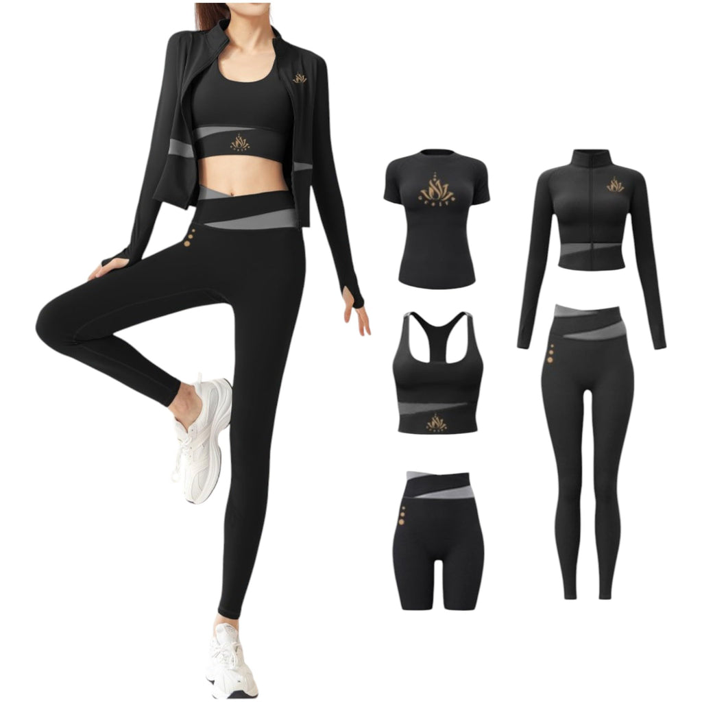 Women Activewear Gymwear Yoga Suit Athleisure Five Piece Set, T-Shirt, Jacket, Sports Bra, Leggings, Running Shorts