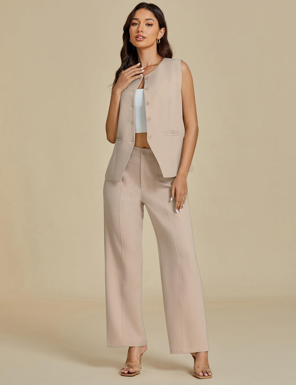 luvamia Vest Pants Suits for Women Dressy 2 Piece Business Casual Outfits Sleeveless Blazer Wide Leg Pants Pantsuit Sets