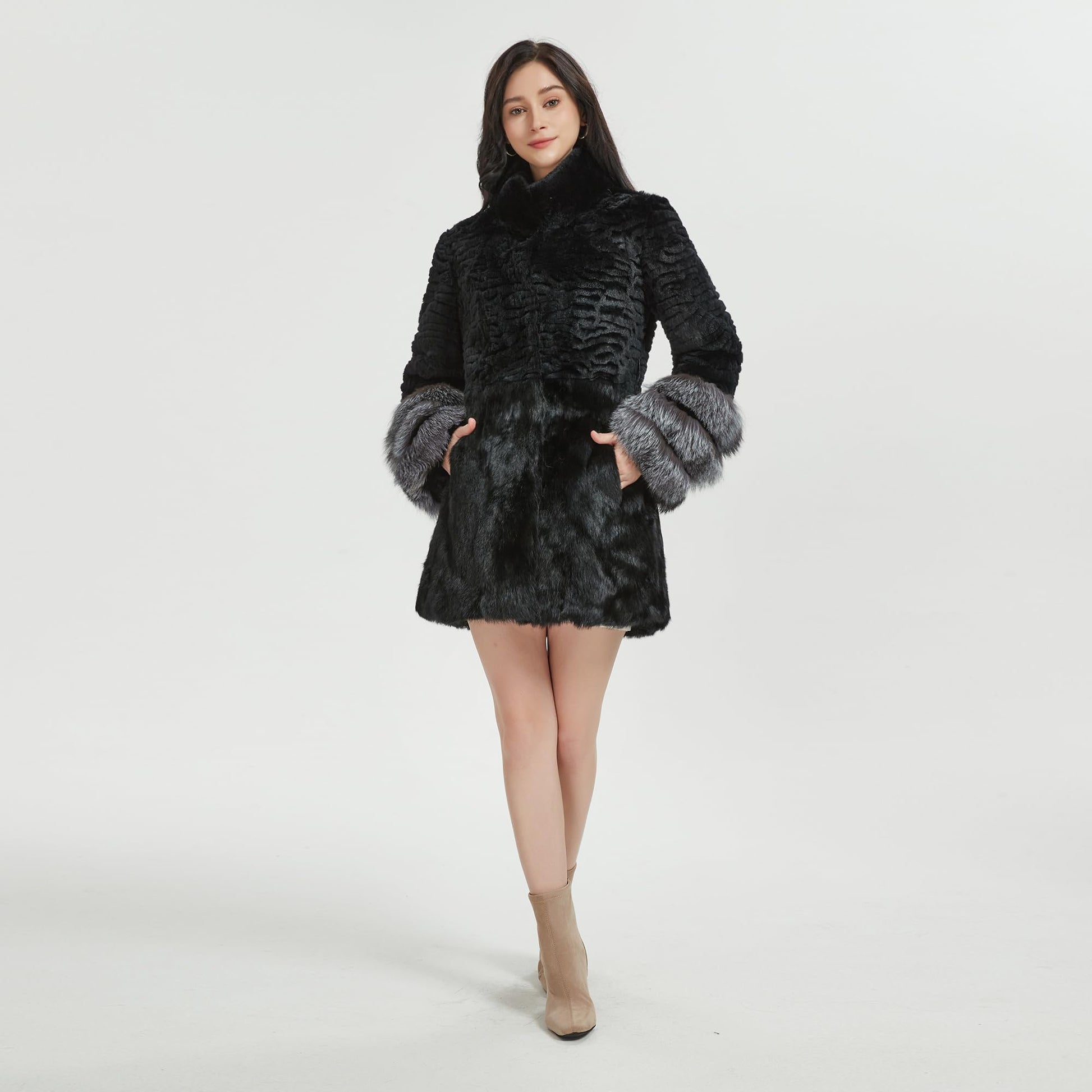 Fur Story Women's Genuine Rabbit Fur Coat With Fox Fur Cuffs Warm Winter Coat Black Long Jacket