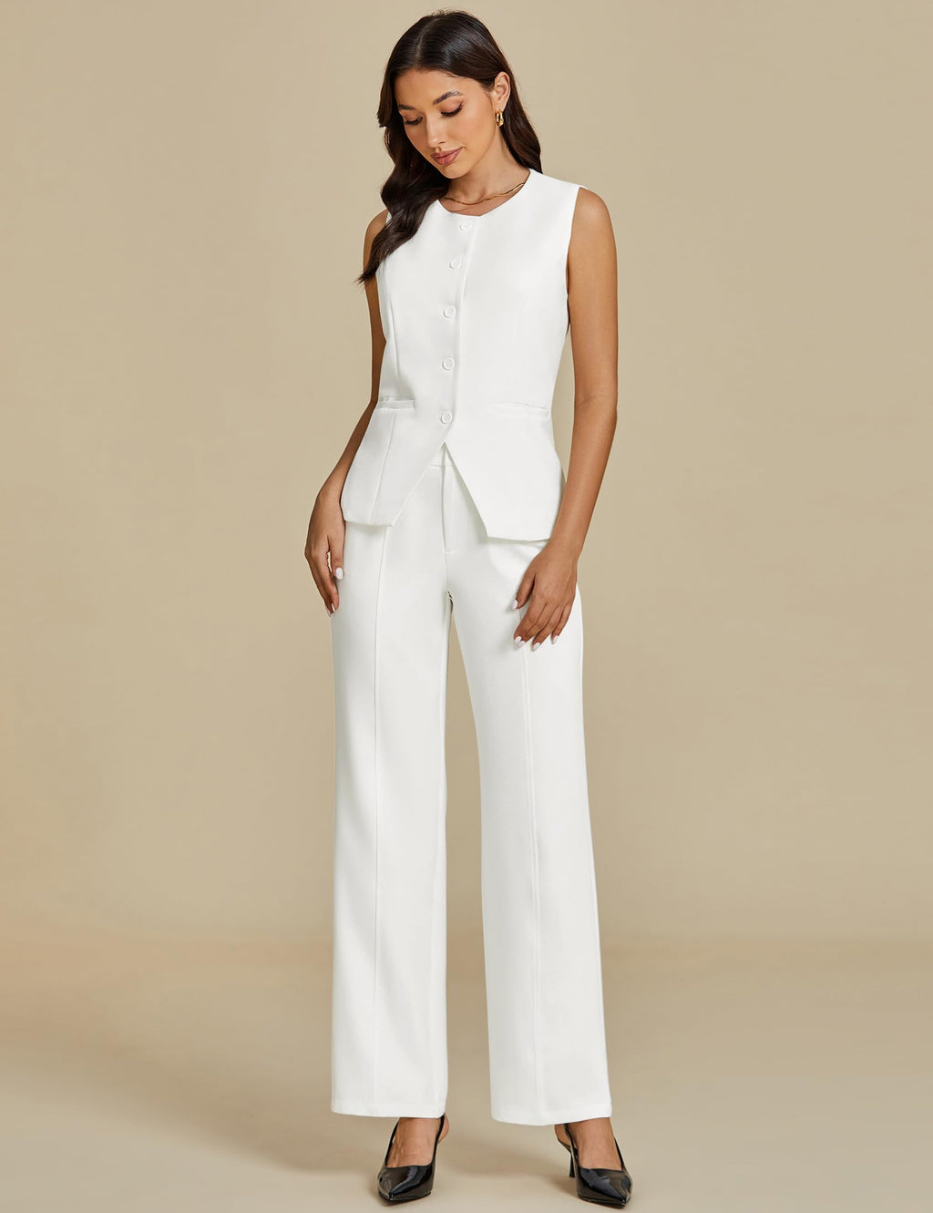 luvamia Vest Pants Suits for Women Dressy 2 Piece Business Casual Outfits Sleeveless Blazer Wide Leg Pants Pantsuit Sets