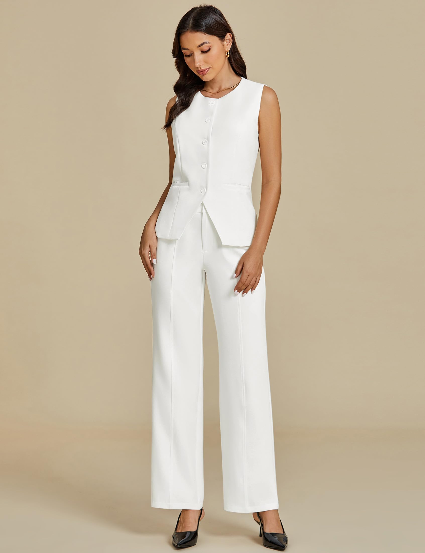 luvamia Vest Pants Suits for Women Dressy 2 Piece Business Casual Outfits Sleeveless Blazer Wide Leg Pants Pantsuit Sets