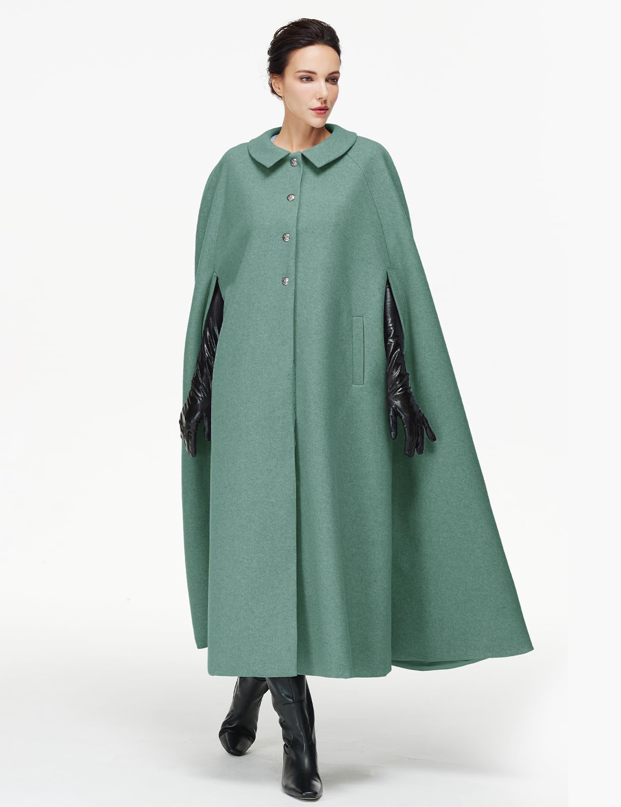 Women Wool Blend Single-Breasted Cape Coat Vintage Jacket Outwear with Pockets for Fall Winter
