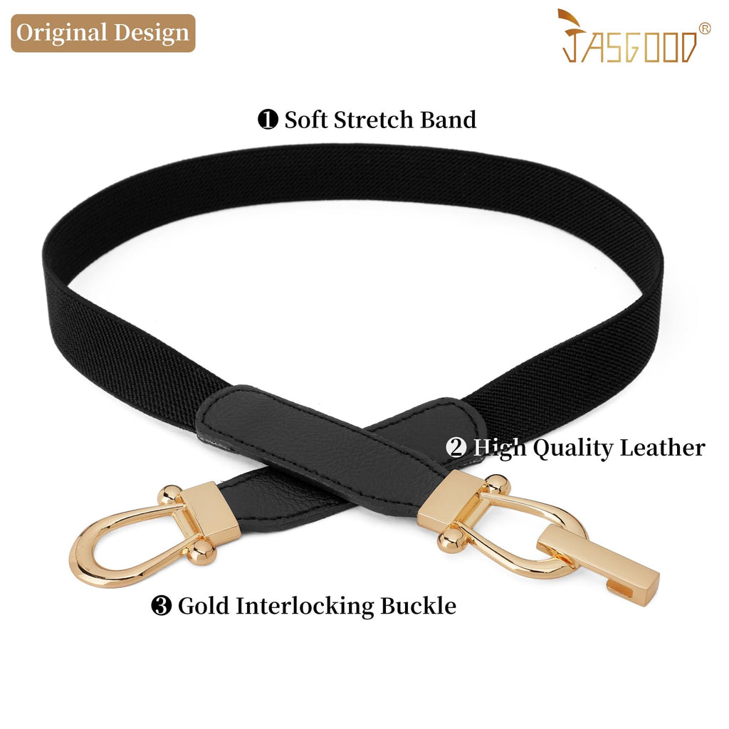 JASGOOD Women Skinny Elastic Belt for Dresses,Thin Retro Stretch Waist Belt with Golden Buckle