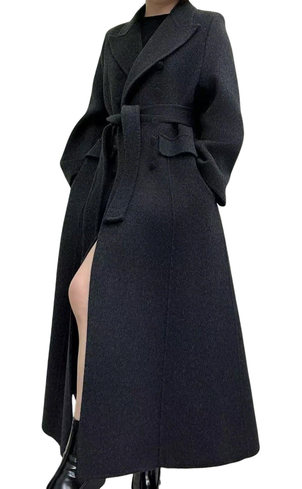 CHARTOU Women Long Winter Wool Pea Coat Lapel Double Breasted Trench Over Coat with Belt