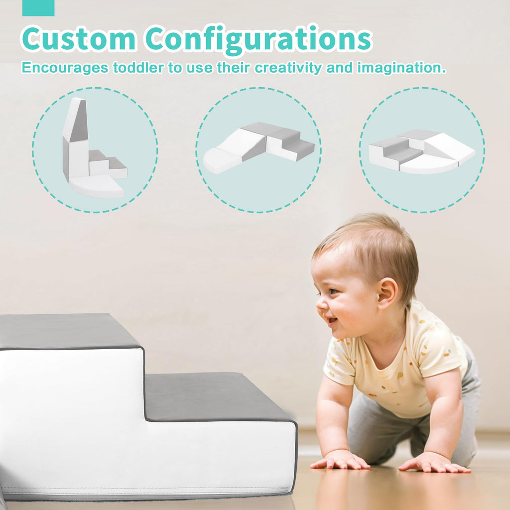 4-Piece Soft PU Leather Toddlers Climbing Toys, Baby Foam Climbing Blocks for Toddlers 3, Foam Play Gym Climbing Structures, Indoor Climb and Crawl Activity Play Set (White and Coffee)