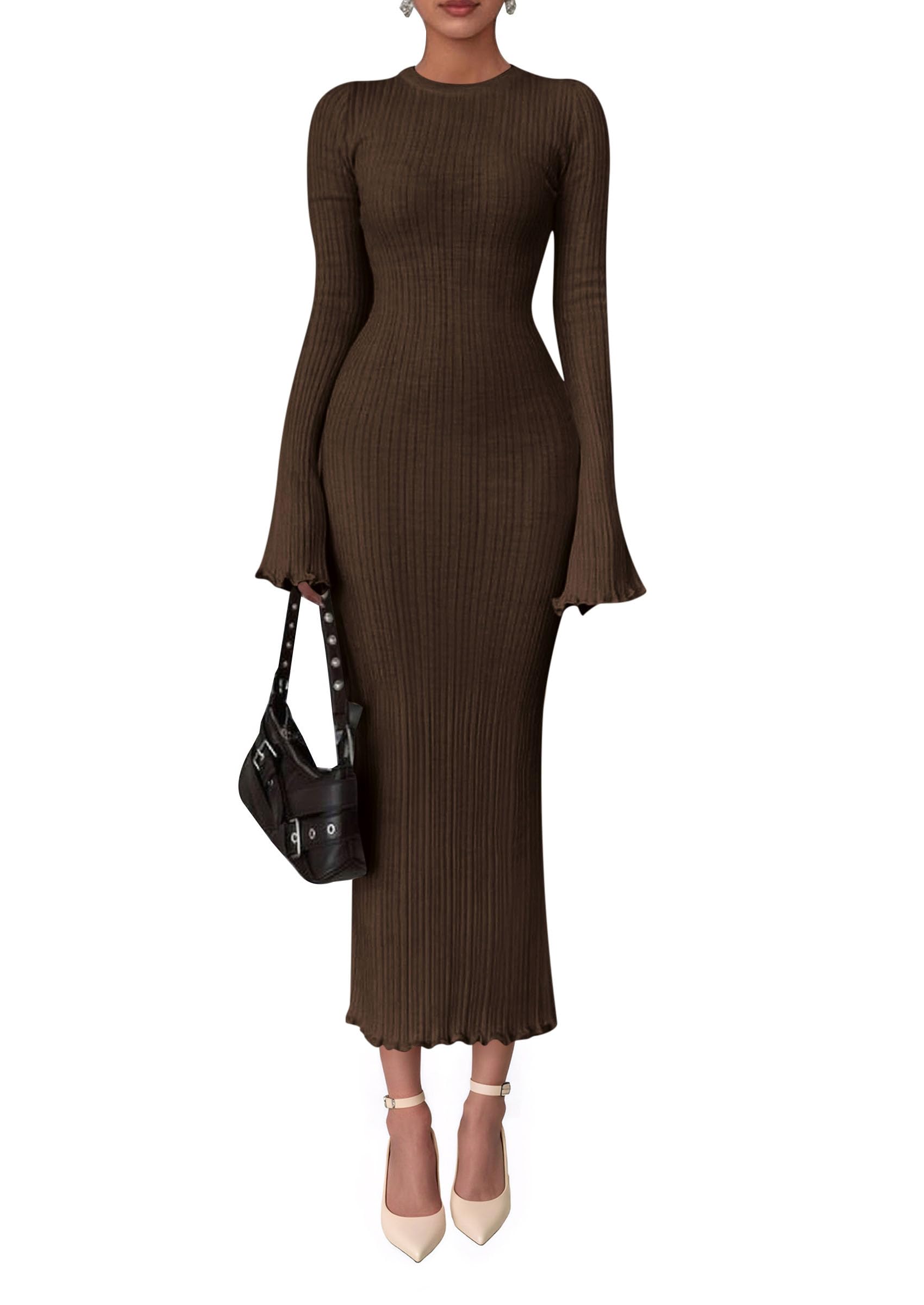PRETTYGARDEN Sweater Dresses for Women 2025 Fall Bell Long Sleeve Crew Neck Bodycon Maxi Dress Winter Ribbed Knit Outfits