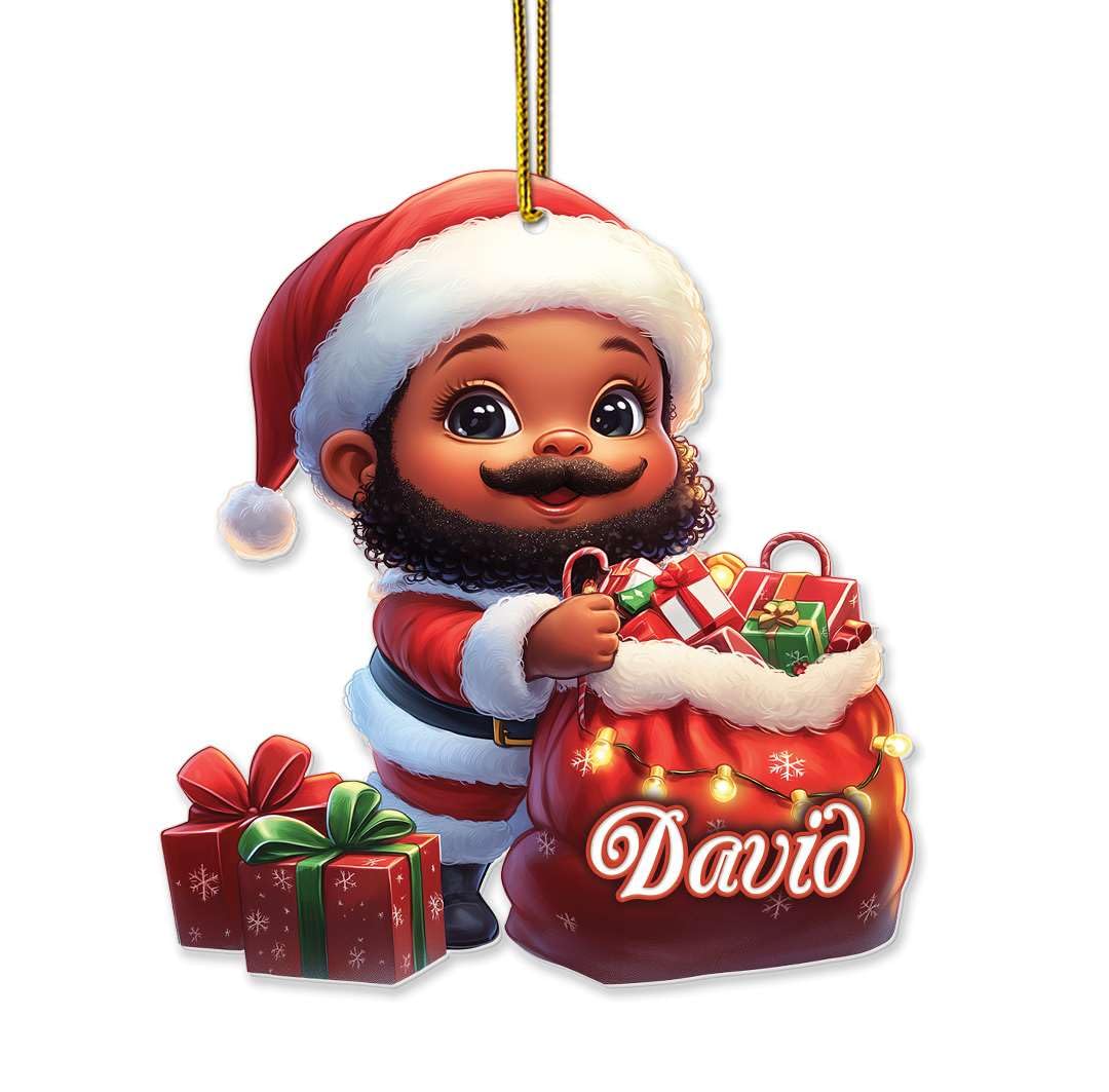 2D Acrylic Christmas Elf Shaped Ornament with Gift Box, Personalized Name Holiday Keepsake, Cute Ornament for Kids Room, Custom Name African-Inspired Decoration, Gifts for Boys