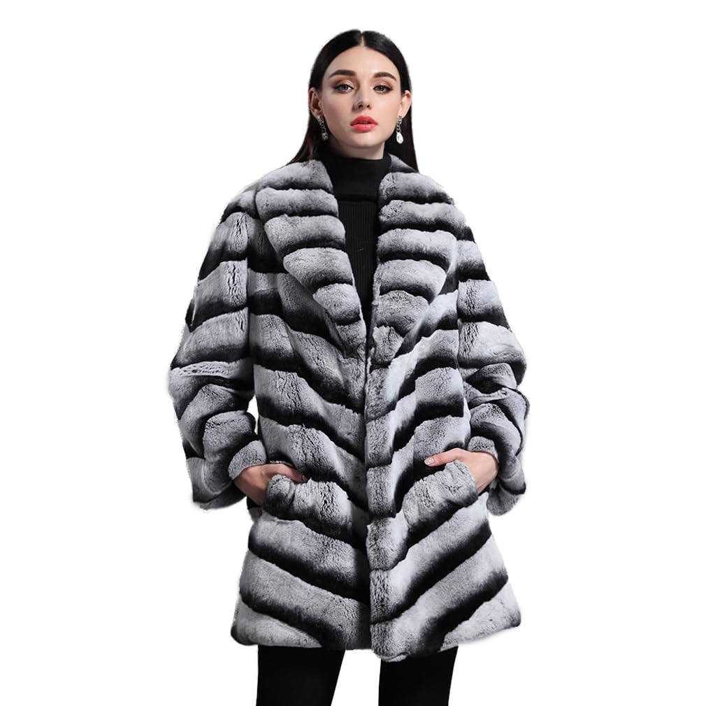 Women's Real Rex Rabbit Fur Coat Furry Long Jacket Winter Warm Stripes Outerwear Turn-down Collar