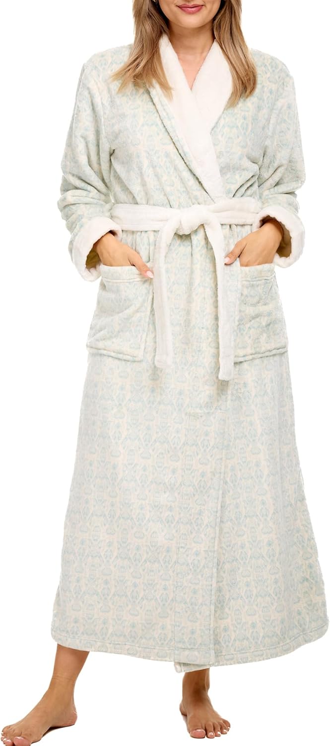 Alexander Del Rossa Plush Striped Robe for Women, Long Fleece Plaid Winter Bath Robe, Plus Size
