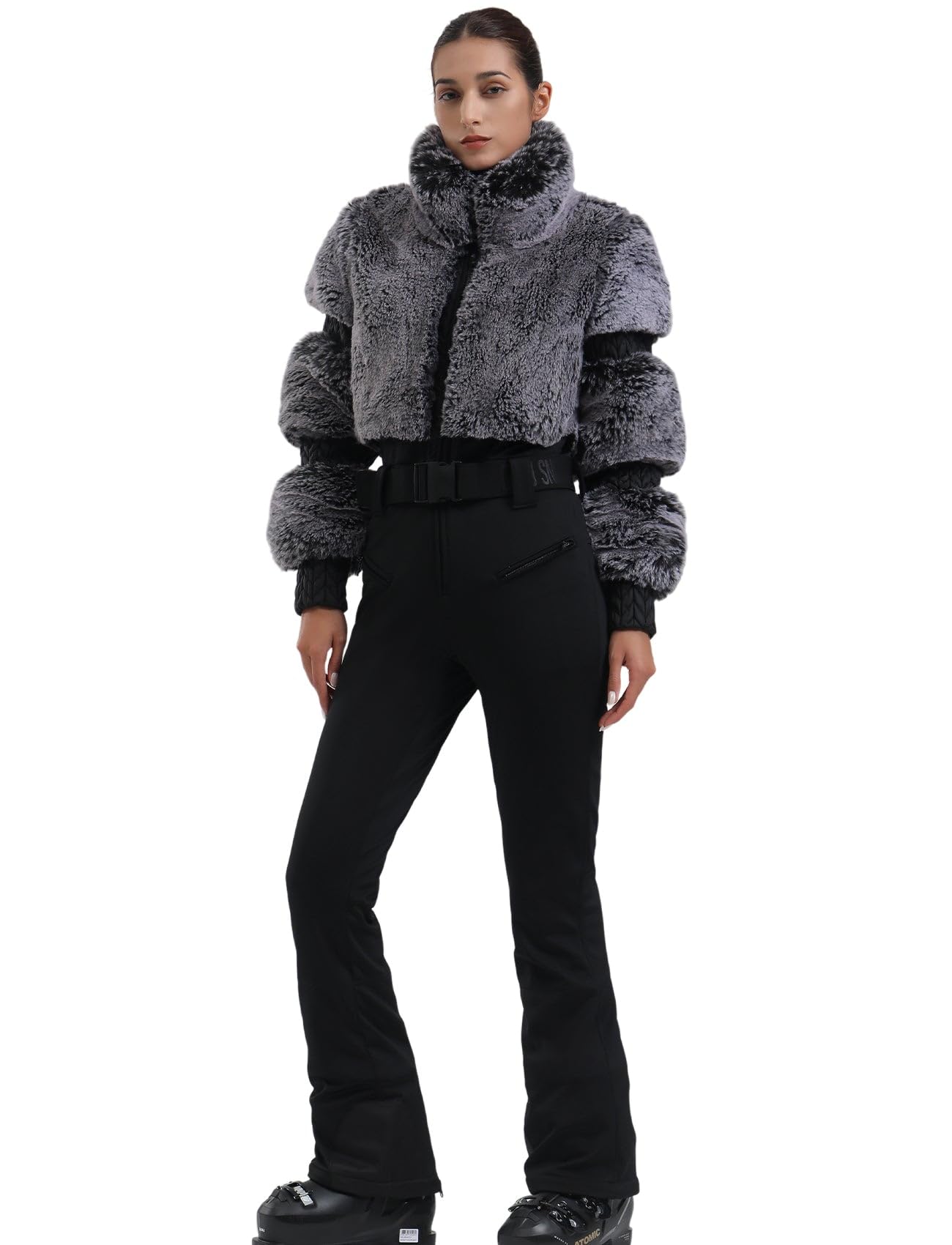 GSOU SNOW Women Ski Suit One Piece Snowsuit Snowboard Faux Fur Collar Slim Jumpsuit Jacket Insulated Windproof Outdoor Winter