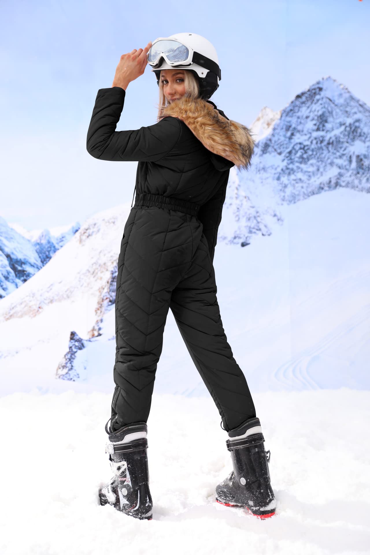 Yousify Womens Winter Ski Suit One Piece Hooded Fur Collar Ski Jumpsuit Snowsuit Outdoor Sports Coat