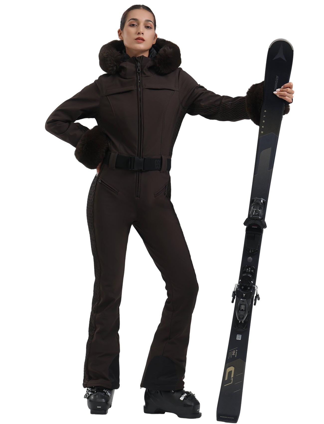 GSOU SNOW Ski Suit Womens One Piece Snowsuit Snowboard Jacket Slim Snow Jumpsuit Faux Fur Ski Outfit Waterproof Windproof