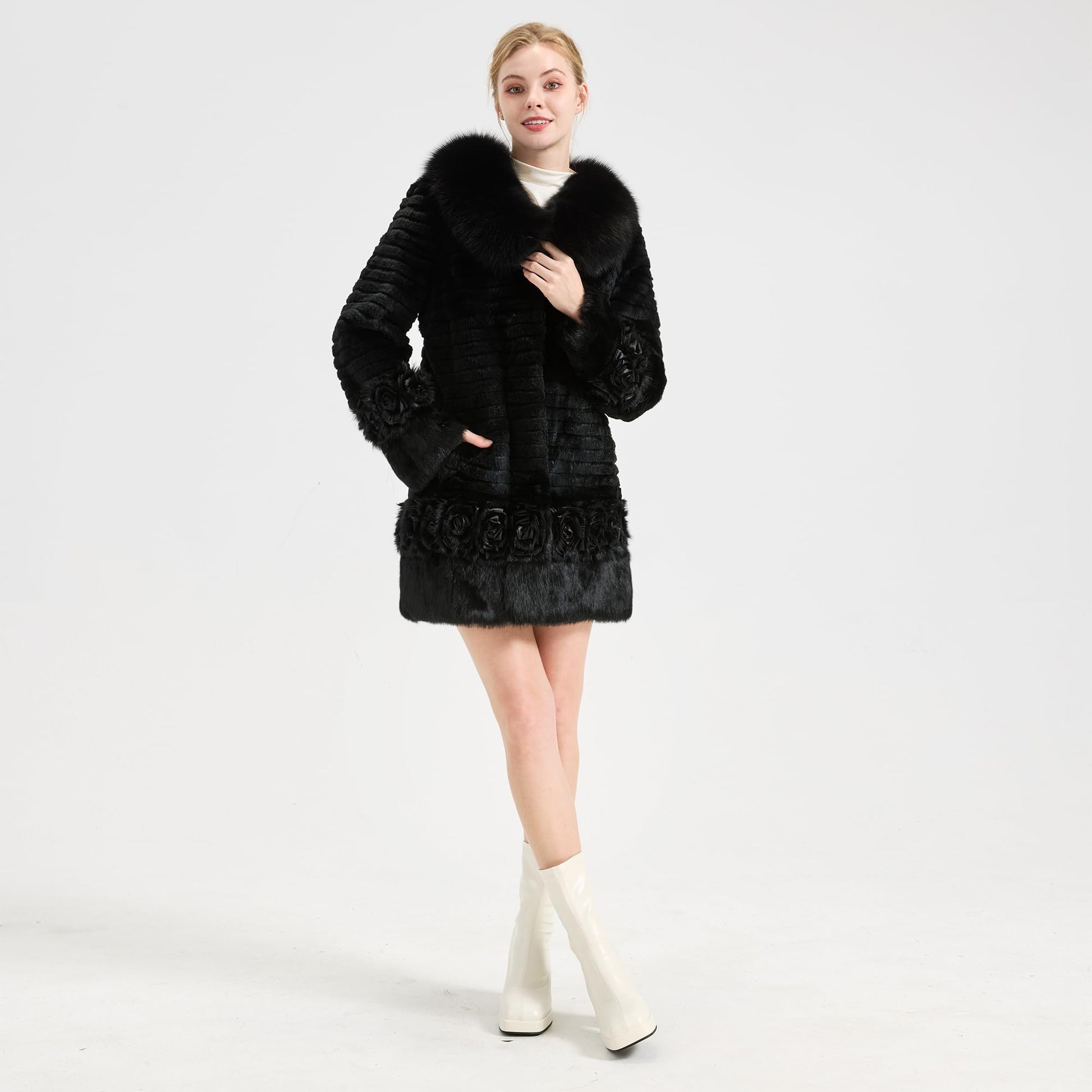 Women's Real Rabbit Fur Coat Furry Long Jacket Winter Warm Outerwear Fox Fur Collar Flower Decoration