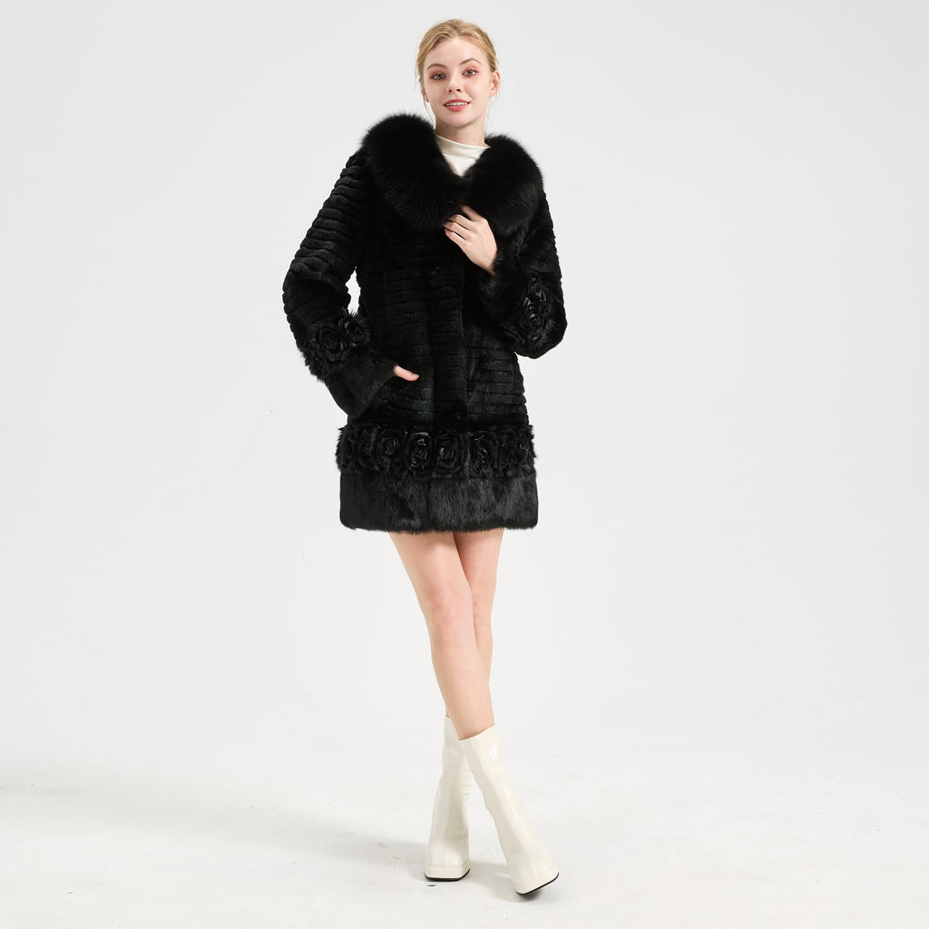 Women's Real Rabbit Fur Coat Furry Long Jacket Winter Warm Outerwear Fox Fur Collar Flower Decoration