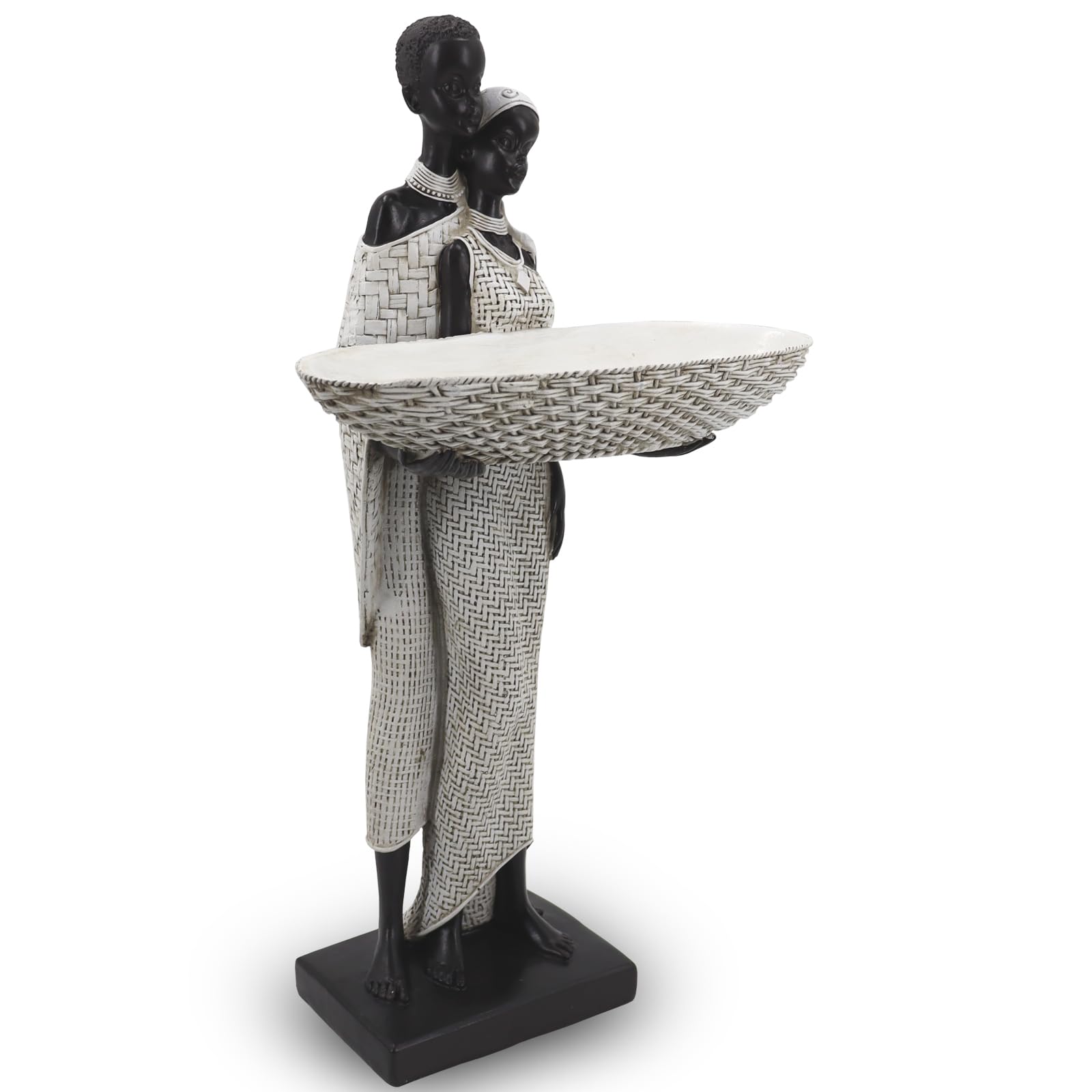 Handmade African Tribal Woman Sculpture - Gold Adorned Seated Figure with Basket, Vintage Resin Statue for Home Decor, Unique Housewarming Gift for Shelf/Table (9.65" H)