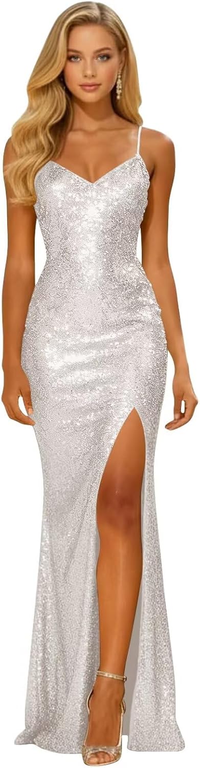 Long Sparkly Sequin V Neck Prom Dresses with Slit Mermaid Formal Evening Party Gown 2026