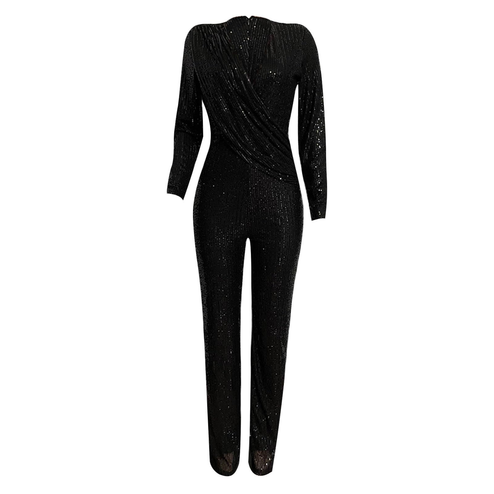 Womens 2024 Summer Sexy Deep V Neck Jumpsuits Long Sleeve One Piece Sequins Overalls Dressy Wide Leg Rompers