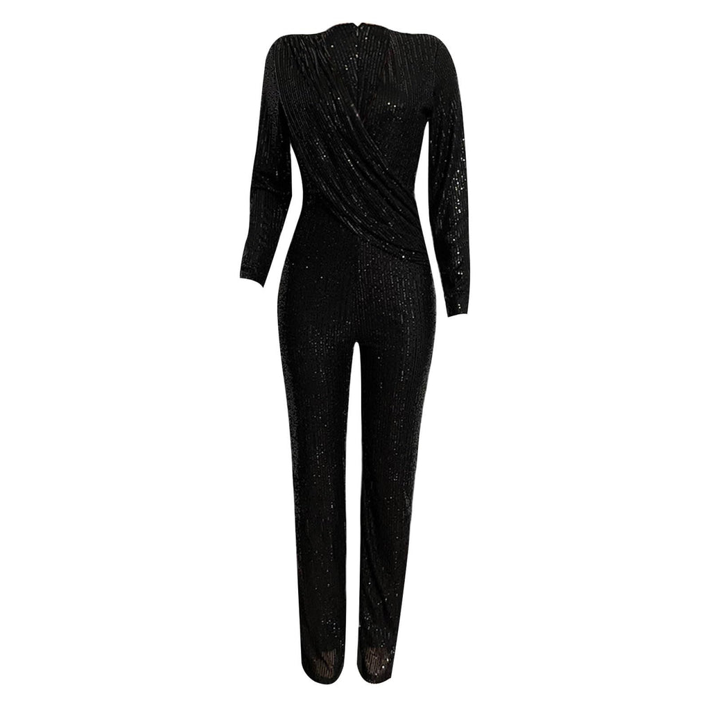 Womens 2024 Summer Sexy Deep V Neck Jumpsuits Long Sleeve One Piece Sequins Overalls Dressy Wide Leg Rompers