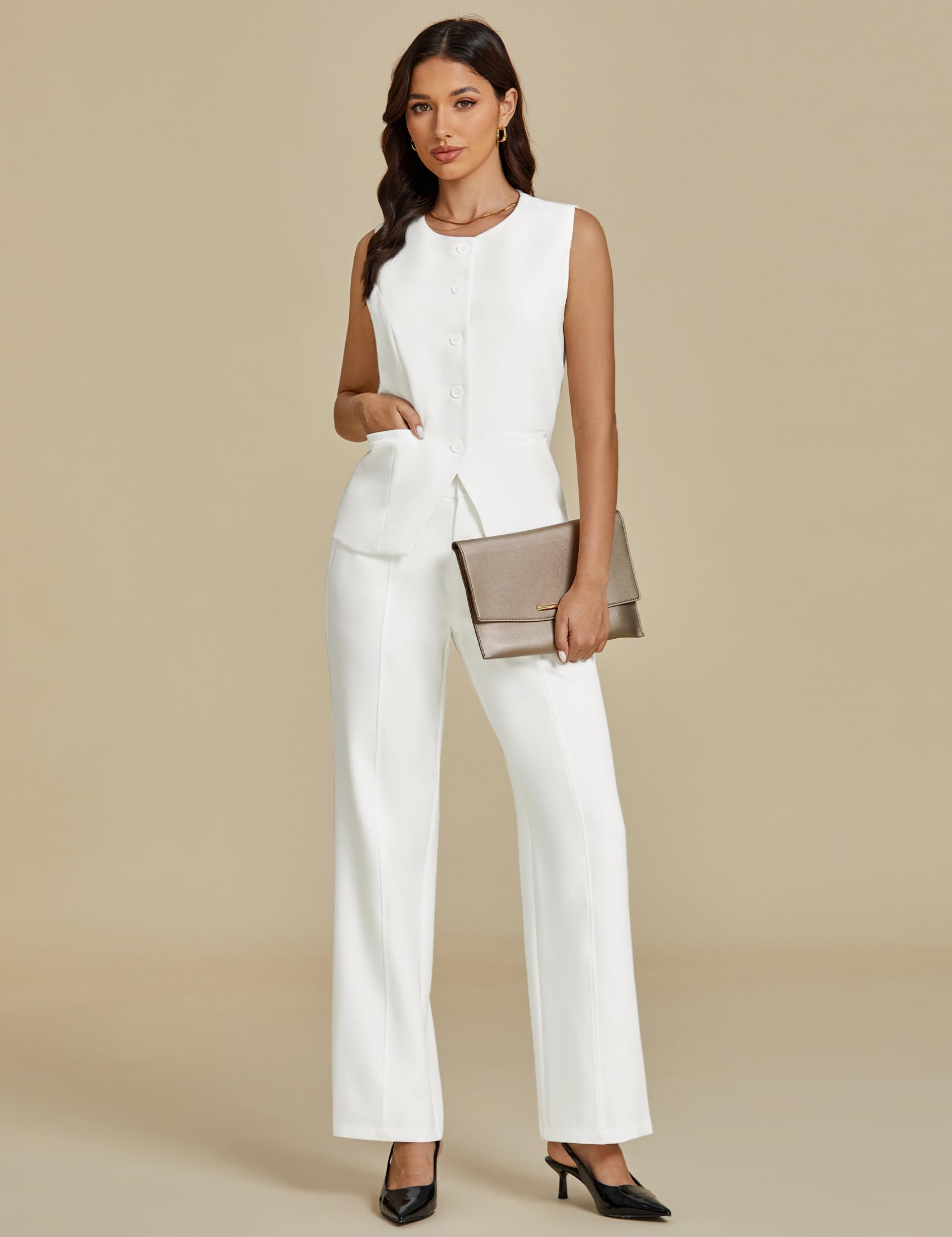luvamia Vest Pants Suits for Women Dressy 2 Piece Business Casual Outfits Sleeveless Blazer Wide Leg Pants Pantsuit Sets