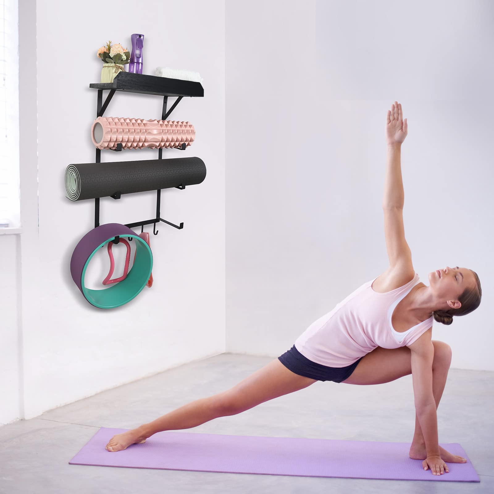 Yoga Mat Holder Wall Mount,17" x 28" Yoga Mat Rack Home Gym Accessories, Storage for Foam Roller, with Wood Floating Shelves and 5 Hooks for Hanging Yoga Strap and Resistance Bands