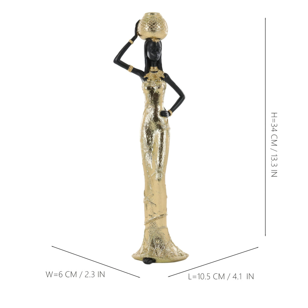 Set of 3 Resin African Woman Statues – Elegant Tribal Figurines in Gold Dresses, Afrocentric Home Decor Sculptures for Living Room, Bookshelf, Gift