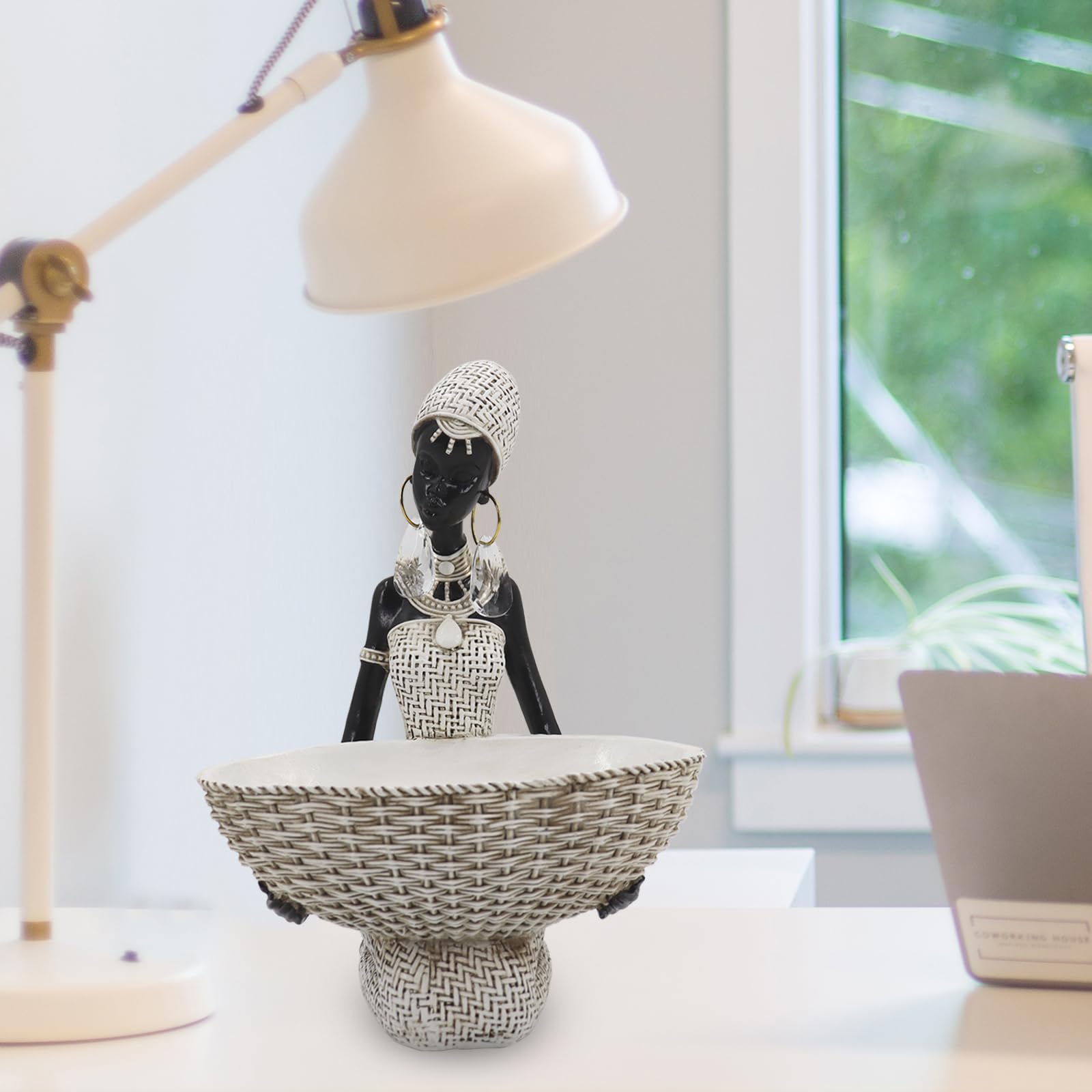 Handmade African Tribal Woman Sculpture - Gold Adorned Seated Figure with Basket, Vintage Resin Statue for Home Decor, Unique Housewarming Gift for Shelf/Table (9.65" H)