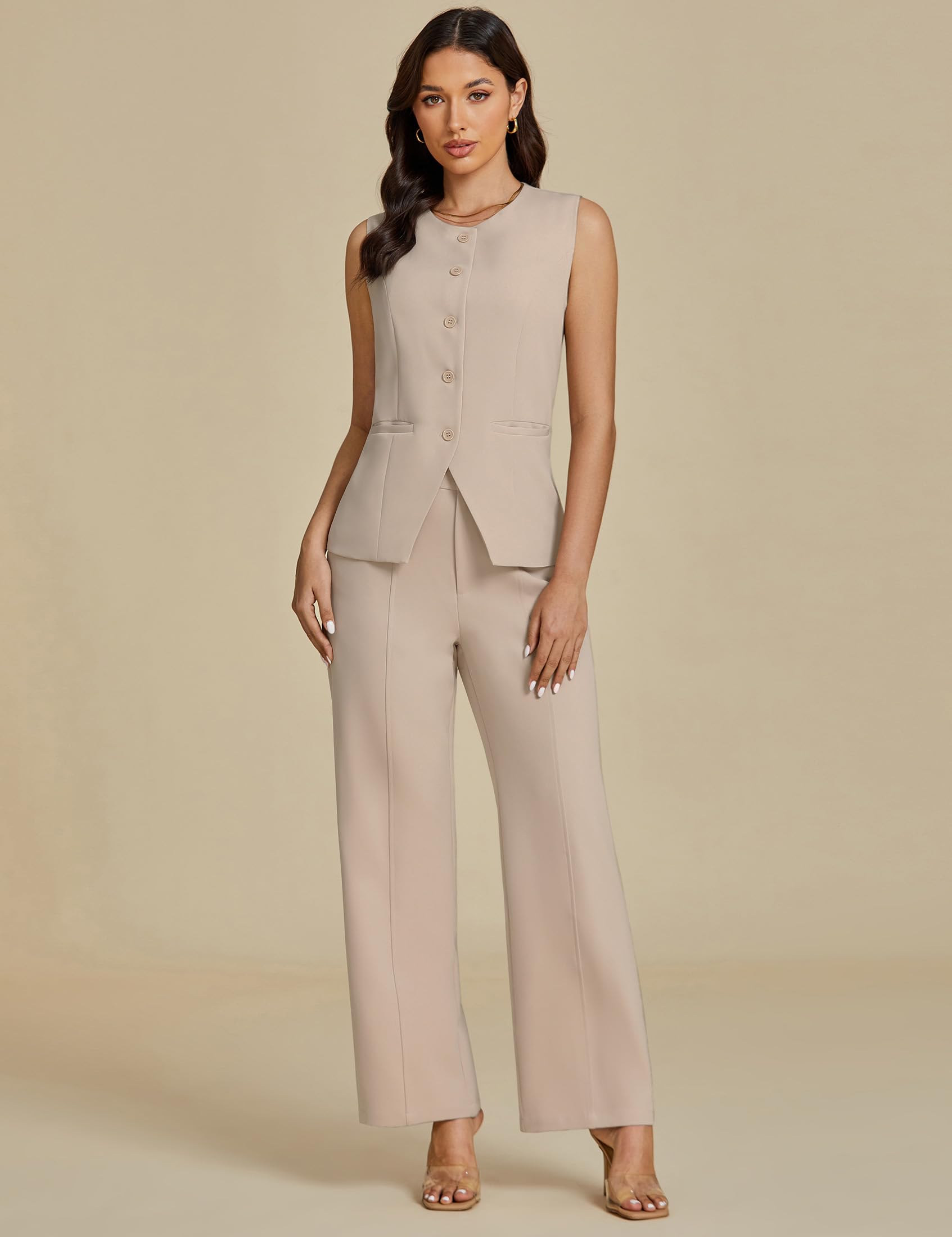 luvamia Vest Pants Suits for Women Dressy 2 Piece Business Casual Outfits Sleeveless Blazer Wide Leg Pants Pantsuit Sets