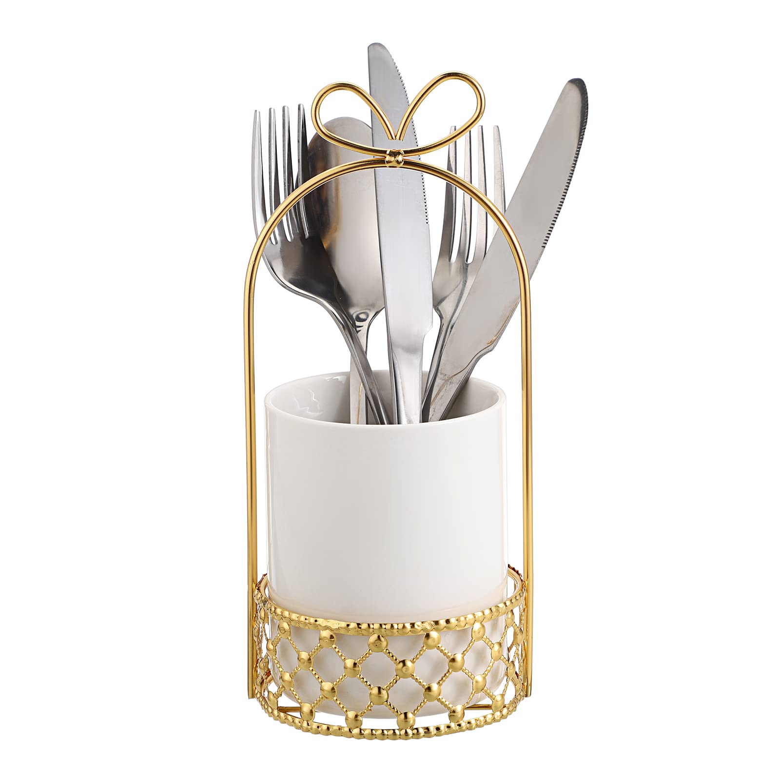 JUXYES Ceramic Silverware Holder For Tabletop, White Cutlery Holder With Golden Metal Bracket, Decorative Flatware Holder Countertop Utensil Holder Organizer for Wedding Kitchen Dining Tables