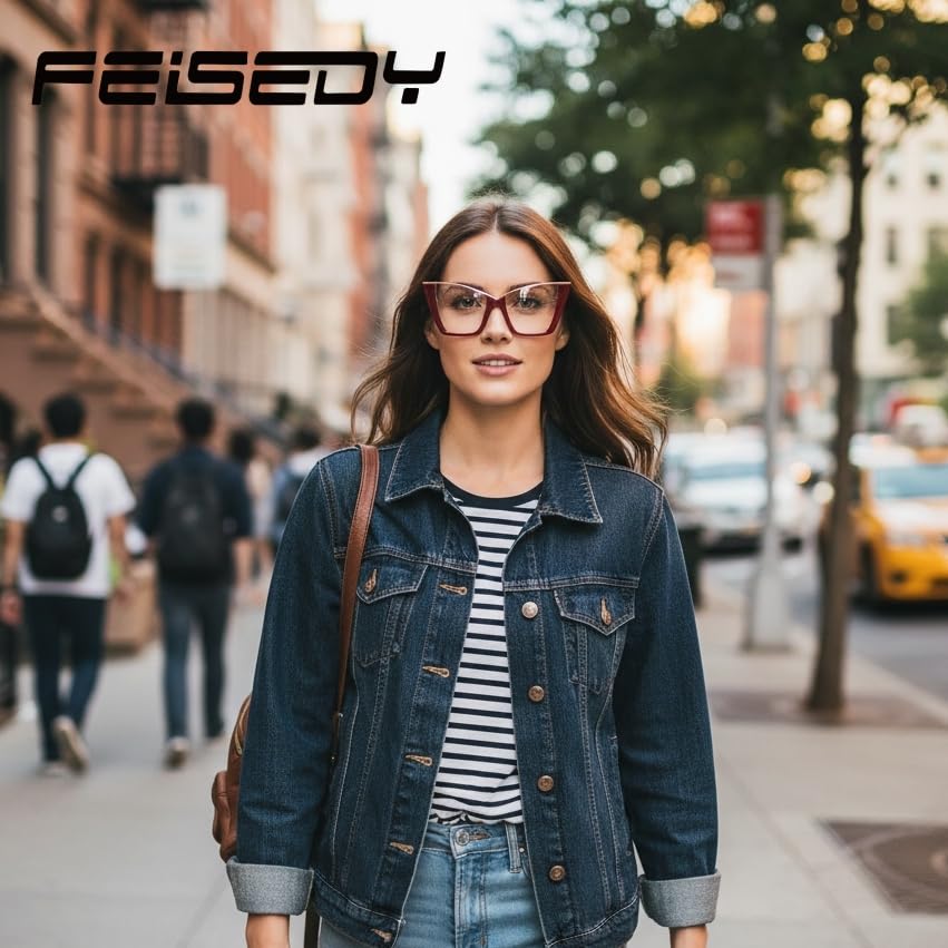 FEISEDY Fashion Cat Eye Blue Light Blocking Glasses for Women Fake Retro Eyeglasses Oversized Stylish Eyewear Frame B0240