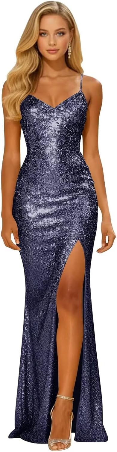 Long Sparkly Sequin V Neck Prom Dresses with Slit Mermaid Formal Evening Party Gown 2026