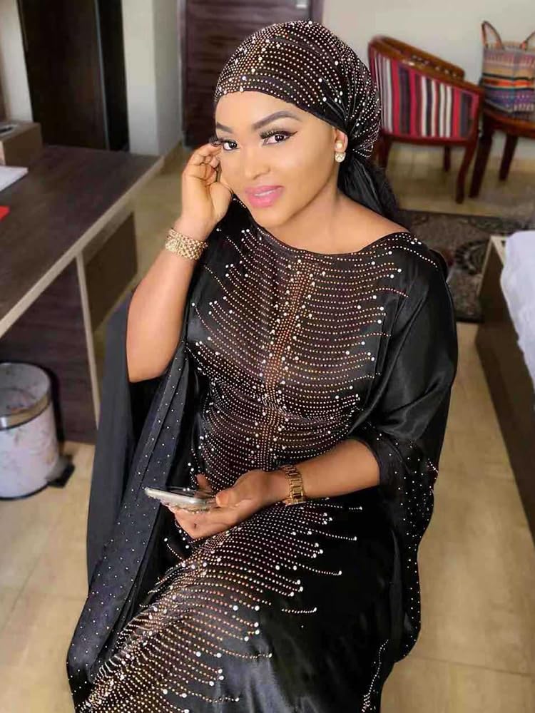 HD African Dresses for Women Fashion Beading Rhinestone Kaftan Maxi Dress