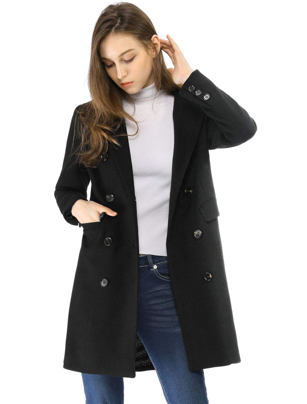 Allegra K Women's Winter Coat Elegant Notched Lapel Double Breasted Trench Coat