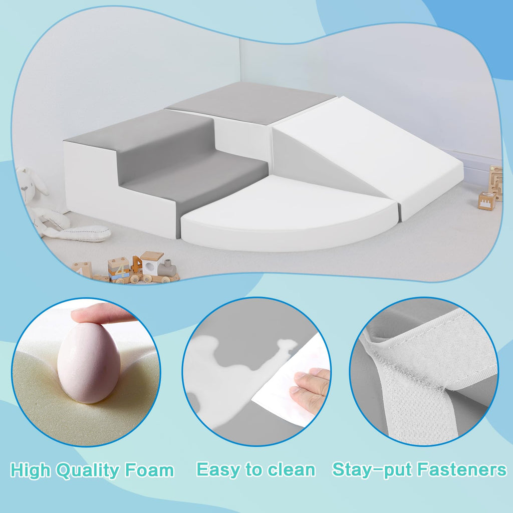 4-Piece Soft PU Leather Toddlers Climbing Toys, Baby Foam Climbing Blocks for Toddlers 3, Foam Play Gym Climbing Structures, Indoor Climb and Crawl Activity Play Set (White and Coffee)