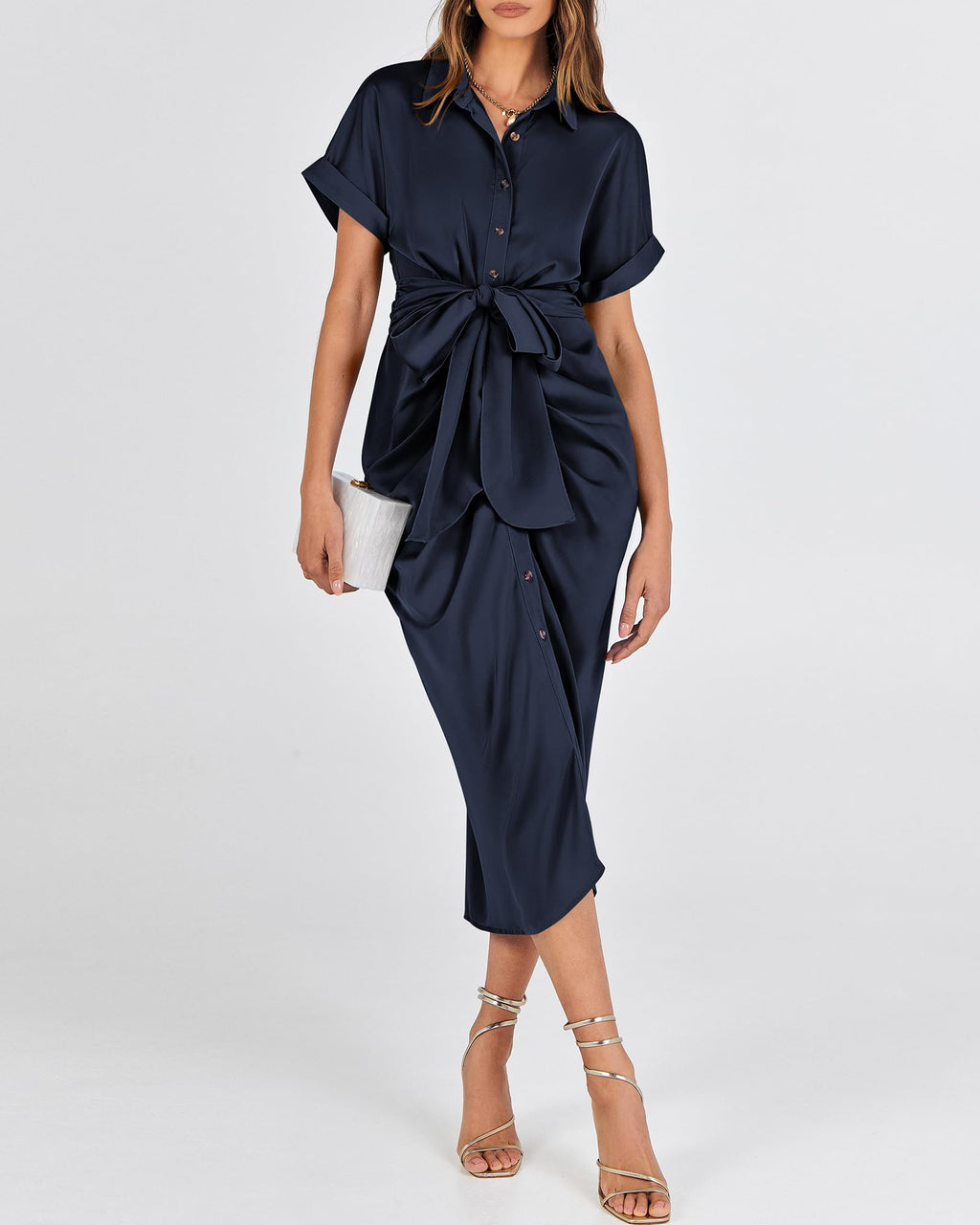 BTFBM Women Button Down Ruched Shirt Dresses Satin Short Sleeve Lapel V Neck Summer Maxi Dress 2025 Party Wedding Guest